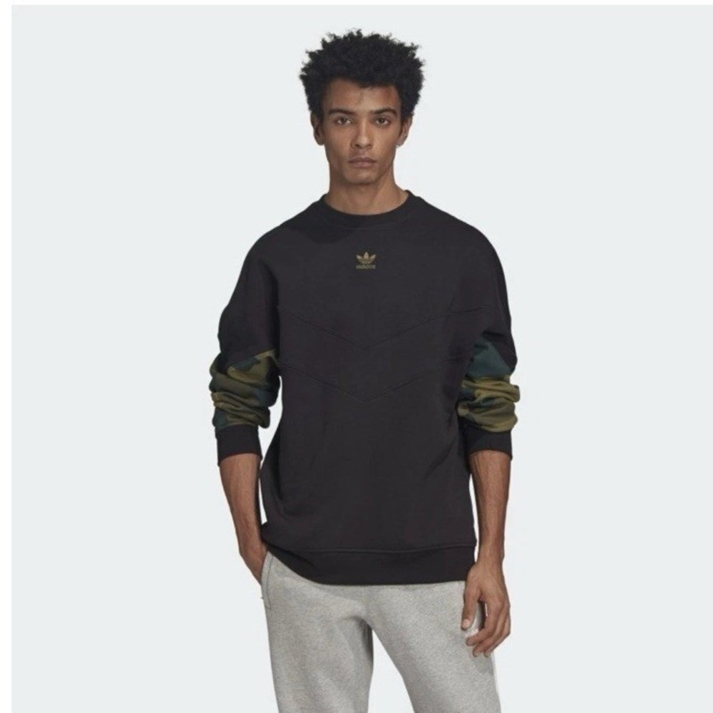 Adidas Men's Originals Black & Green Camouflage Sleeves Crew Sweatshirt Sz Large